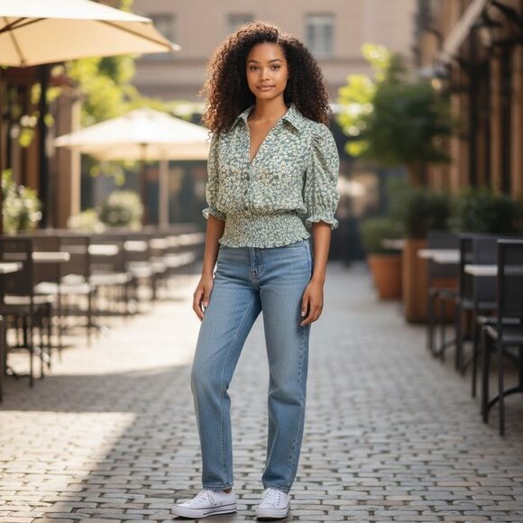 NWT Know One Cares Floral Green Blue Short Sleeve Crop Top Blouse V Neck size L - Picture 10 of 11